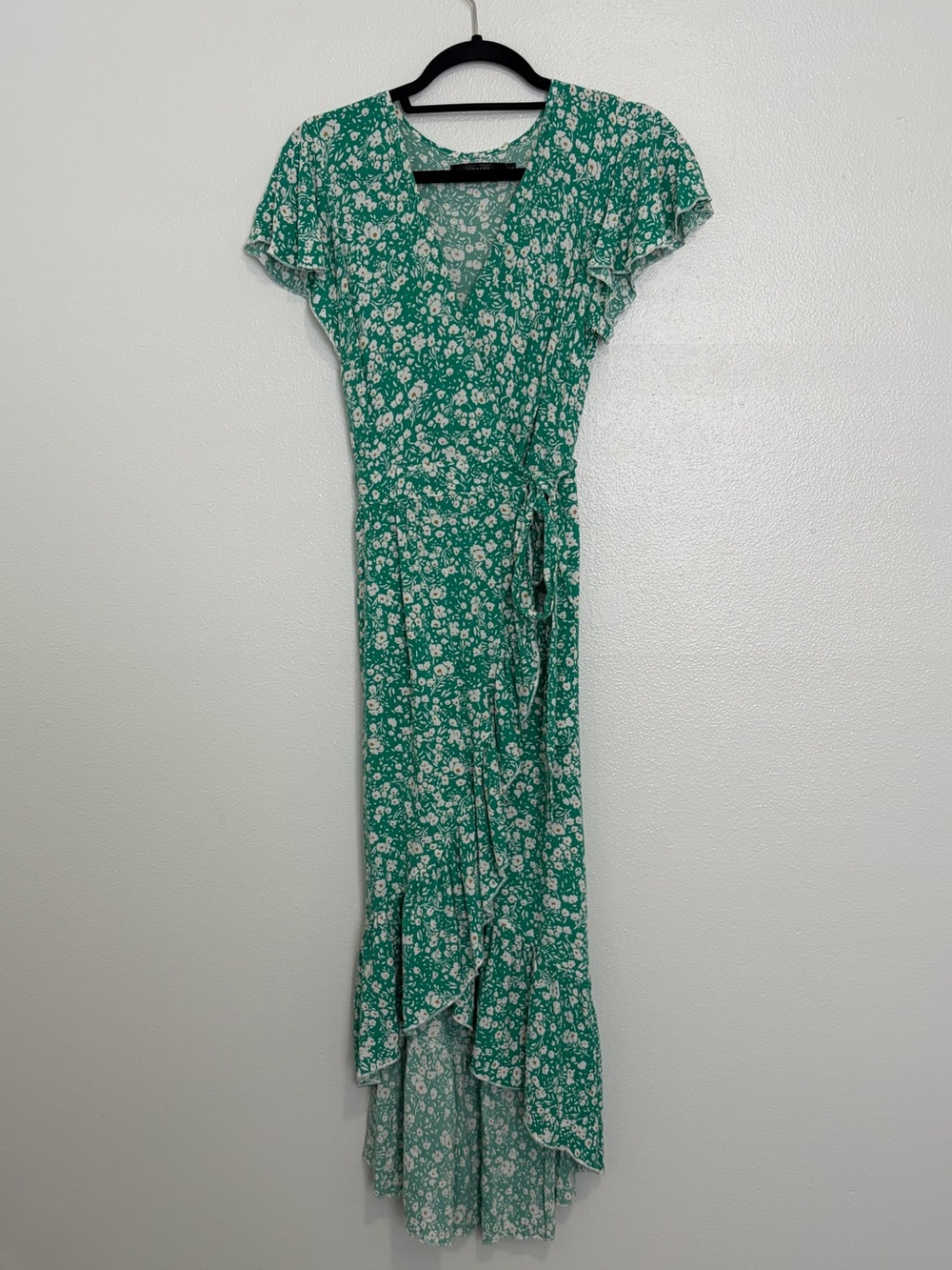 Zesica Green Floral Wrap Midi Dress Ruffle Hem Size Small